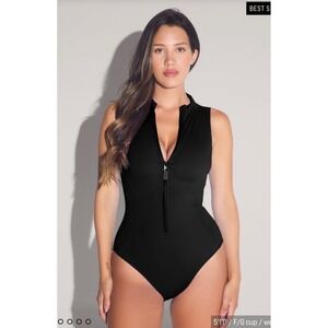 TA3 Sleeveless Surfy Black Zip Front One Piece Swimsuit XL NWT